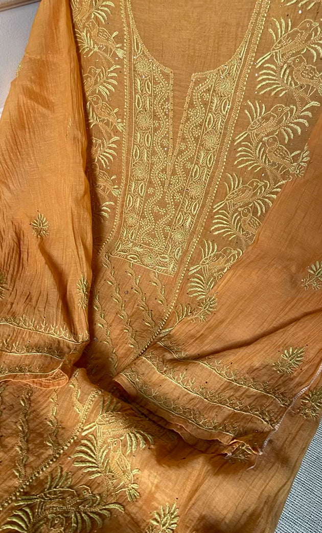 Women's Lakhnavi Handcrafted Mul Chanderi Semi - Stitched Kurta And Dupatta Set- HONC0305150