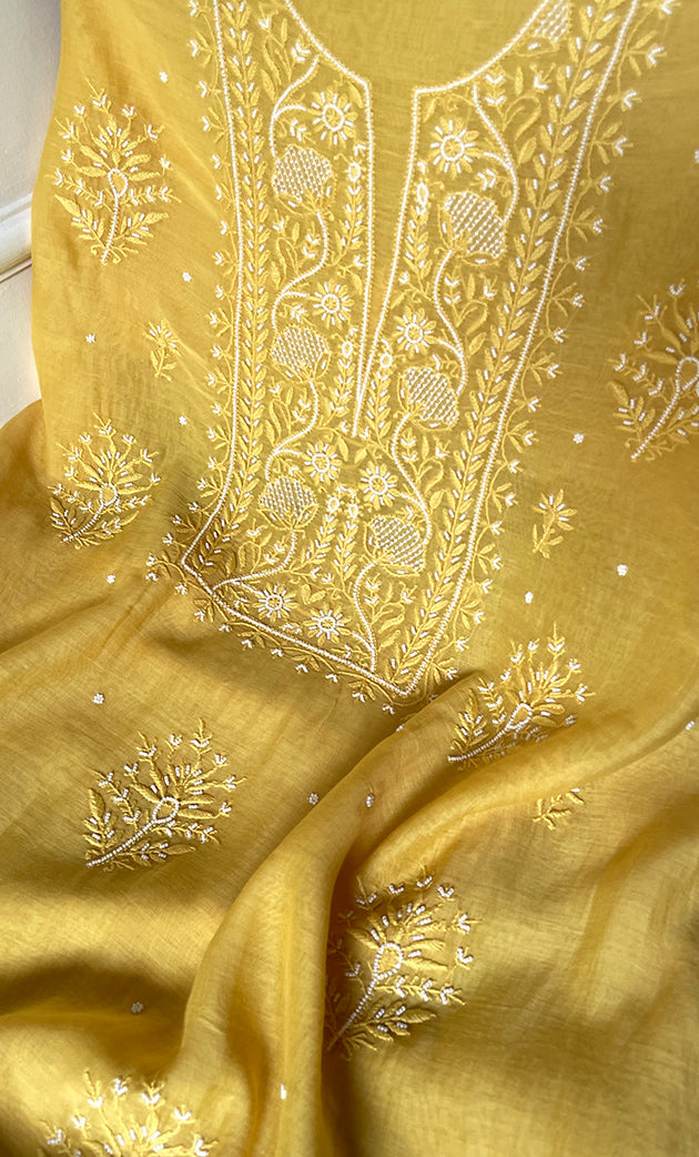 Women's Lakhnavi Handcrafted Mul Chanderi Unstitched Chikankari Full Suit Material - HONC0306982