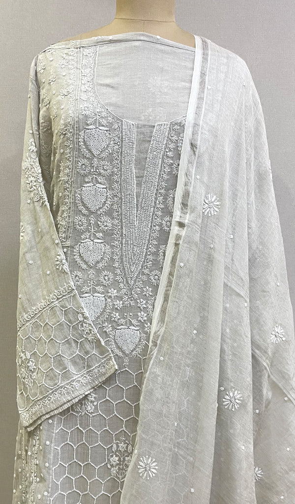 Women's Lakhnavi Handcrafted Tissue Chanderi Semi - Stitched Chikankari Kurta Dupatta Set - HONC0210638