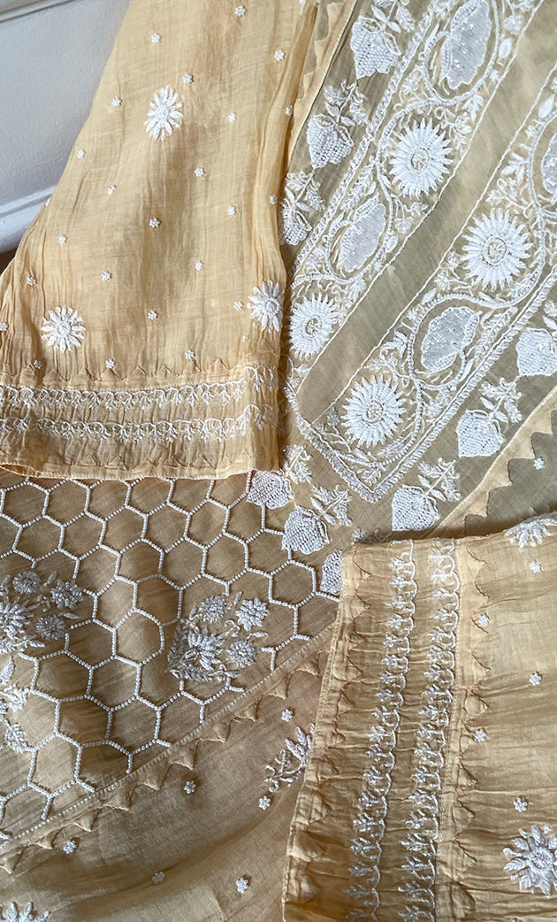 Women's Lakhnavi Handcrafted Mul Chanderi Semi-Stitched Kurta And Dupatta Set - HONC0307410