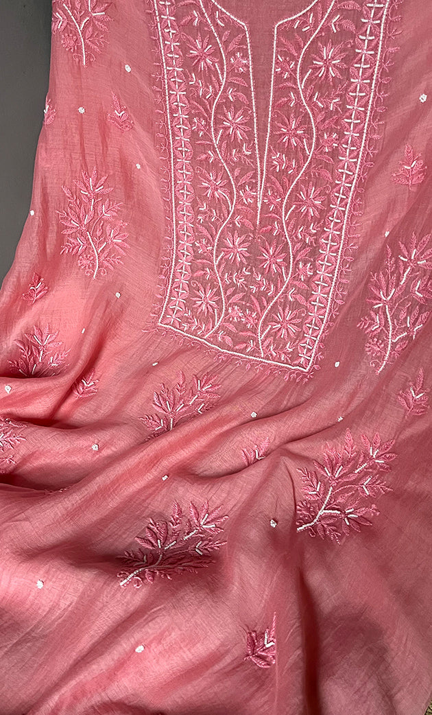 Women's Lakhnavi Handcrafted Mul Chanderi Unstitched Kurta And Dupatta Set - HONC0310808