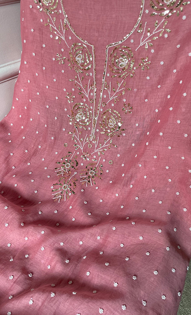 Women's Lakhnavi Handcrafted Mul Chanderi Unstitched Chikankari Full Suit Material - HONC0311935
