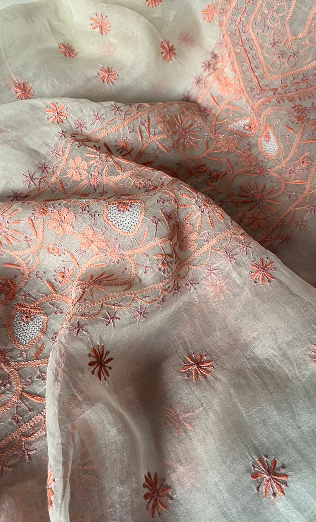 Women's Lakhnavi Handcrafted Pure Organza Chikankari Unstitched Kurta And Dupatta Set- HONC0331057