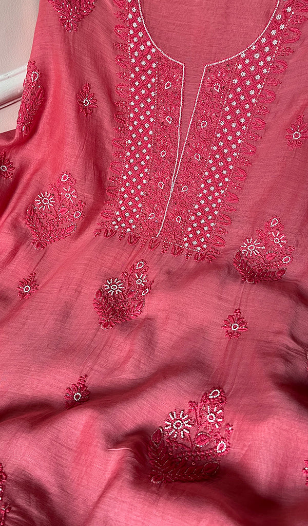Women's Lucknowi Handcrafted Chanderi Silk Chikankari Full Suit Material - HONC0260956