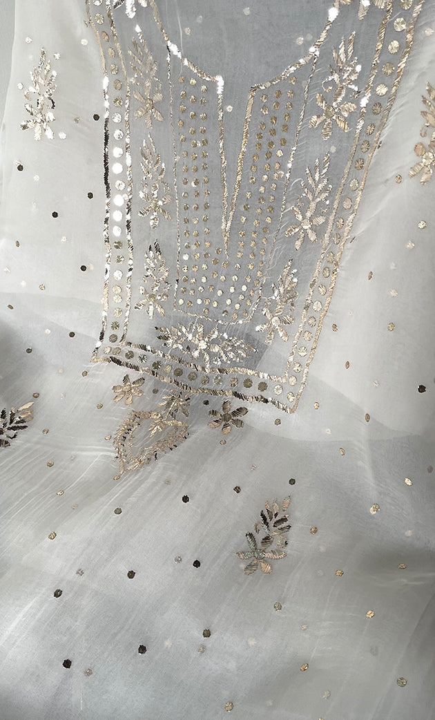 Women's Lakhnavi Handcrafted Pure Organza Chikankari Unstitched Kurta And Dupatta Set- HONC032185