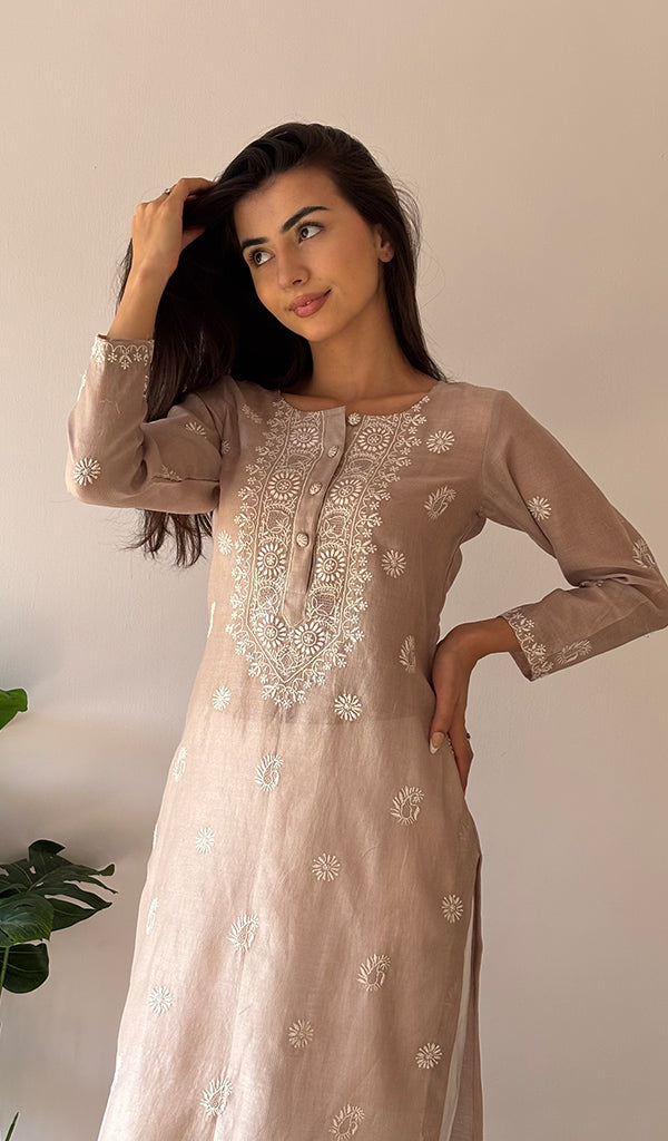 Women's Lakhnavi Handcrafted Maheshwari Mul Chanderi Chikankari Kurti - HONC0357548