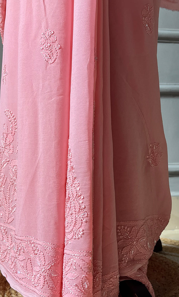 Women's Lakhnavi Handcrafted Viscose Georgette Chikankari Saree - HONC0290055