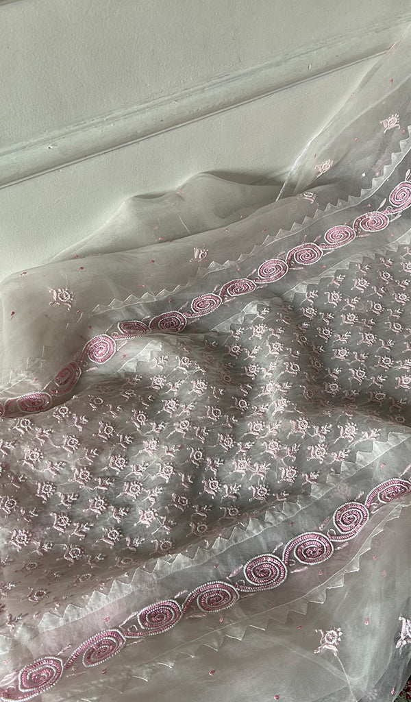Women's Lucknowi Handcrafted Pure Organza Silk Chikankari Semi- stitched Kurta Dupatta Set- HONC0359785