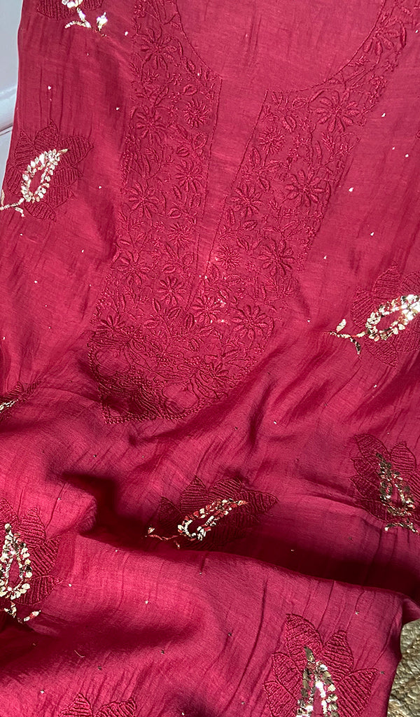 Women's Lakhnavi Handcrafted  Maheshwari  Mul Chanderi Kurta And Dupatta Set - HONC0288853