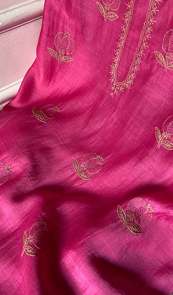 Women's Lakhnavi Handcrafted Chanderi Silk Unstitched Chikankari Full Suit - HONC035260