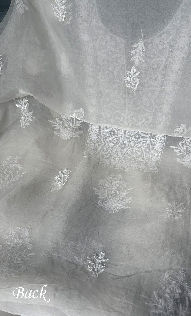 Women's Lakhnavi Handcrafted Pure Organza Chikankari Unstitched Kurta And Dupatta Set- HONC0307951