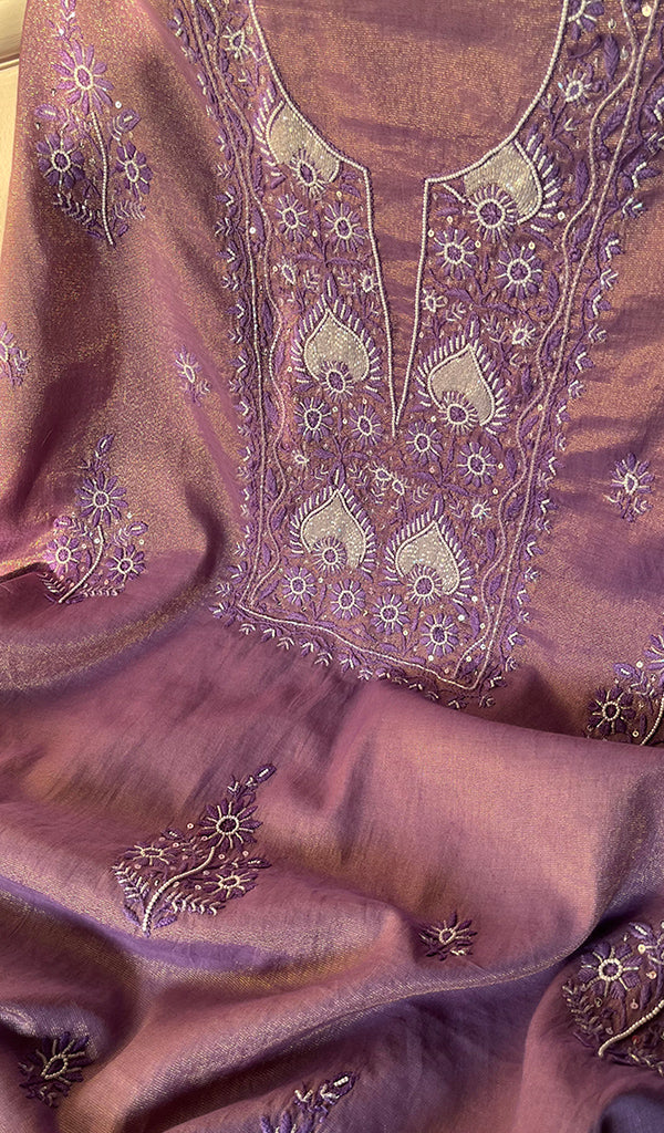 Women's Lakhnavi Handcrafted Tissue Chanderi Chikankari Suit Material - HONC0275991