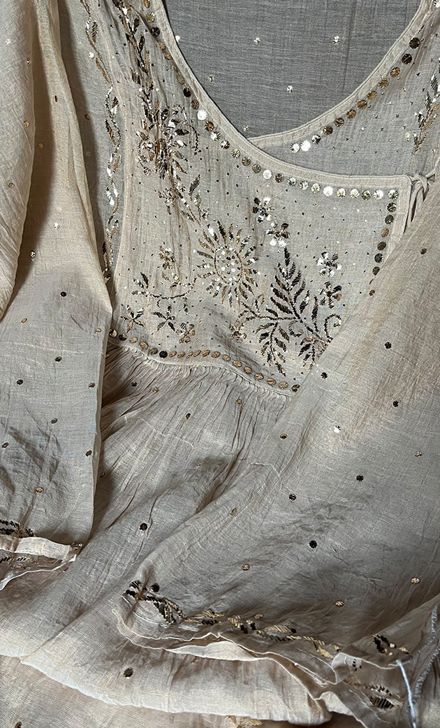 Women's Lakhnavi Handcrafted Tissue Chanderi Semi-Stitched  Kurta And Dupatta Set - HONC0313007