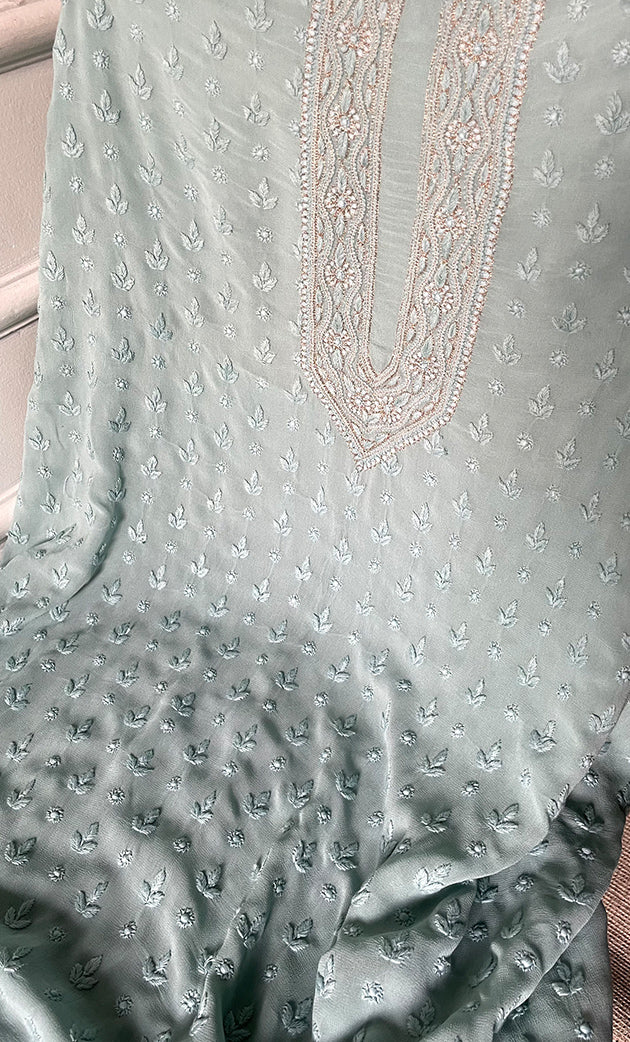 Lucknowi Handcrafted Viscose Georgette Chikankari Unstitched Men's Kurta Fabric - HONC0264753