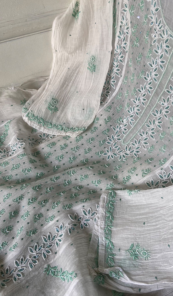 Saziya Women's Lakhnavi Handcrafted Mul Chanderi Semi - Stitched Kurta And Dupatta Set - HONC0357405
