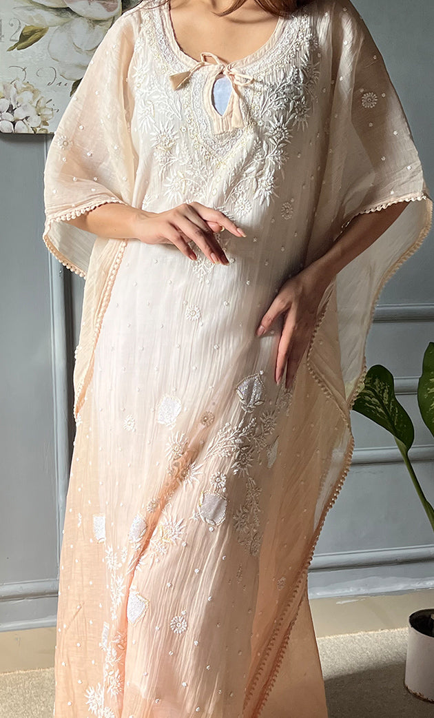 Rabia Women's Lucknowi Handcrafted Mul chanderi Chikankari Kaftan - HONC0311973