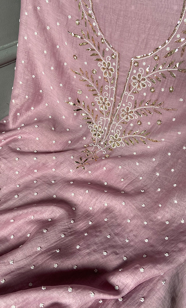 Women's Lakhnavi Handcrafted Mul Chanderi Unstitched Chikankari Full Suit Material - HONC0311952