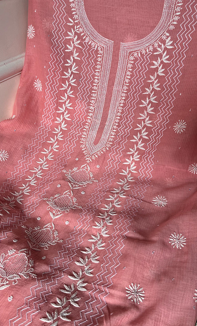 Women's Lakhnavi Handcrafted Maheshwari Mul Chanderi Unstitched Kurta And Dupatta Set - HONC0301249