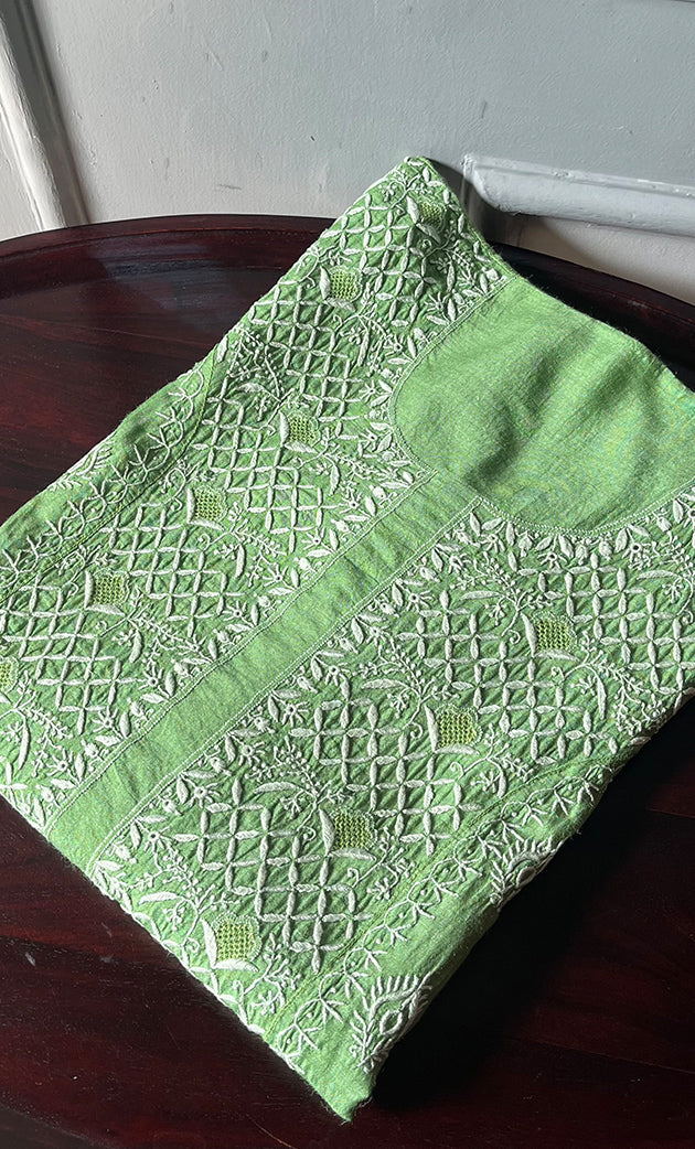 Women's Lakhnavi Handcrafted Munga Silk Chikankari Unstitched Kurti Fabric - HONC0270478