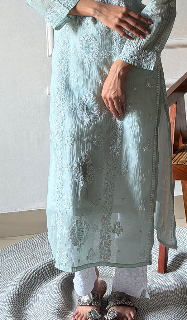 Arezo Women's Lucknowi Handcrafted Mul Chanderi Chikankari Kurti - HONC0345735
