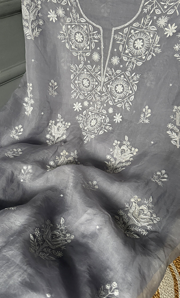 Women's Lakhnavi Handcrafted Pure Organza Chikankari Unstitched Kurta And Dupatta Set- HONC0305191