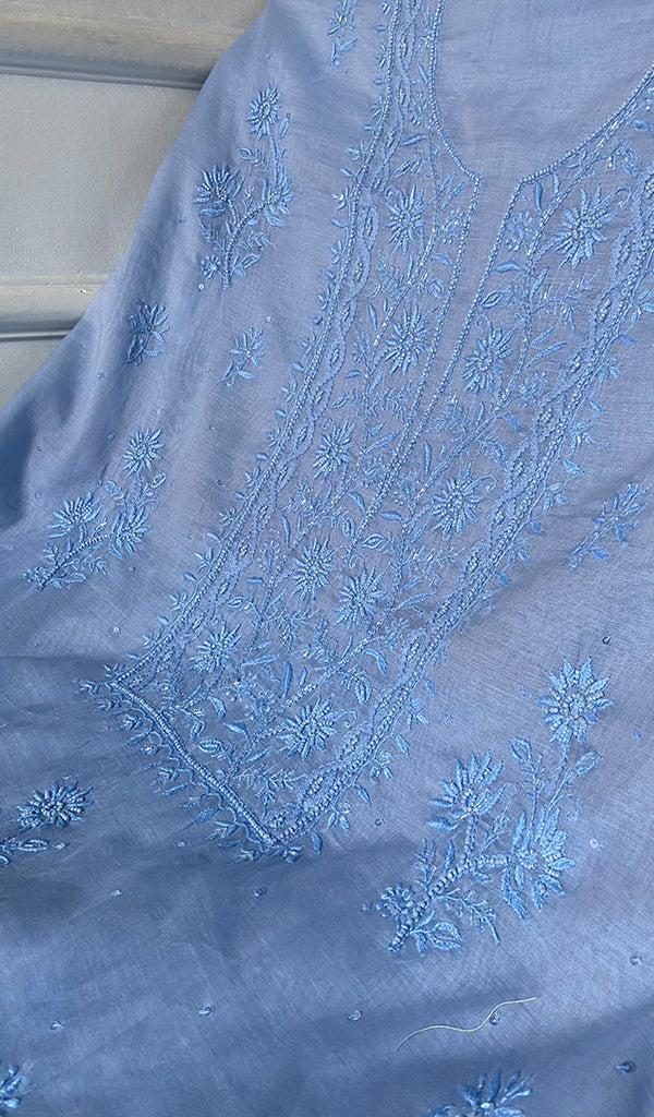Women's Lakhnavi Handcrafted Mul Chanderi Unstitched Chikankari Full Suit Material - HONC0328110