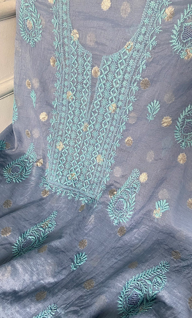 Women's Lakhnavi Handcrafted Mul Chanderi Unstitched Chikankari Full Suit Material - HONC0316858