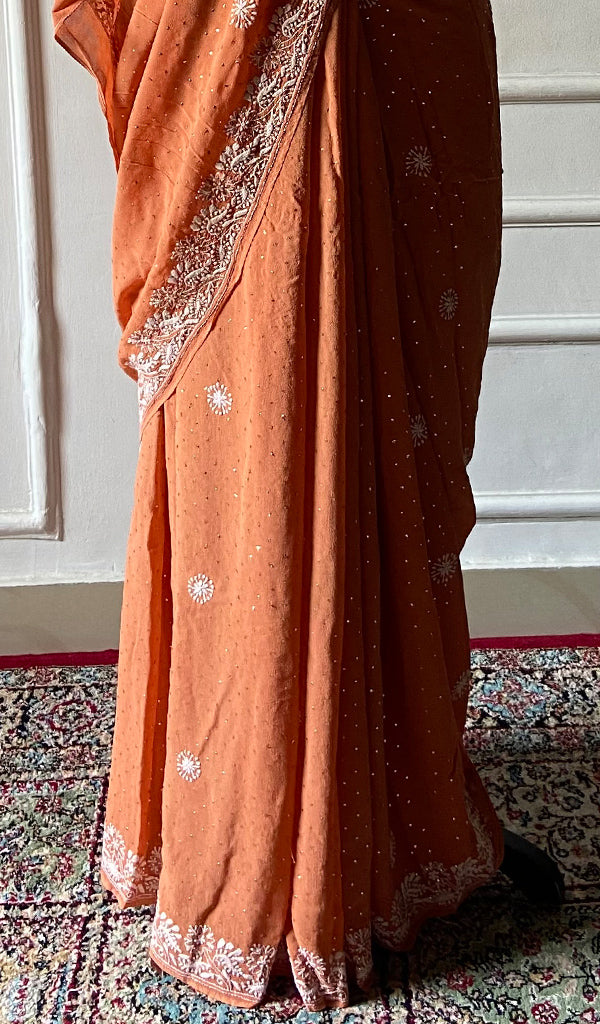 Women's Lakhnavi Handcrafted Pure Silk Georgette Chikankari Saree - HONC0216637