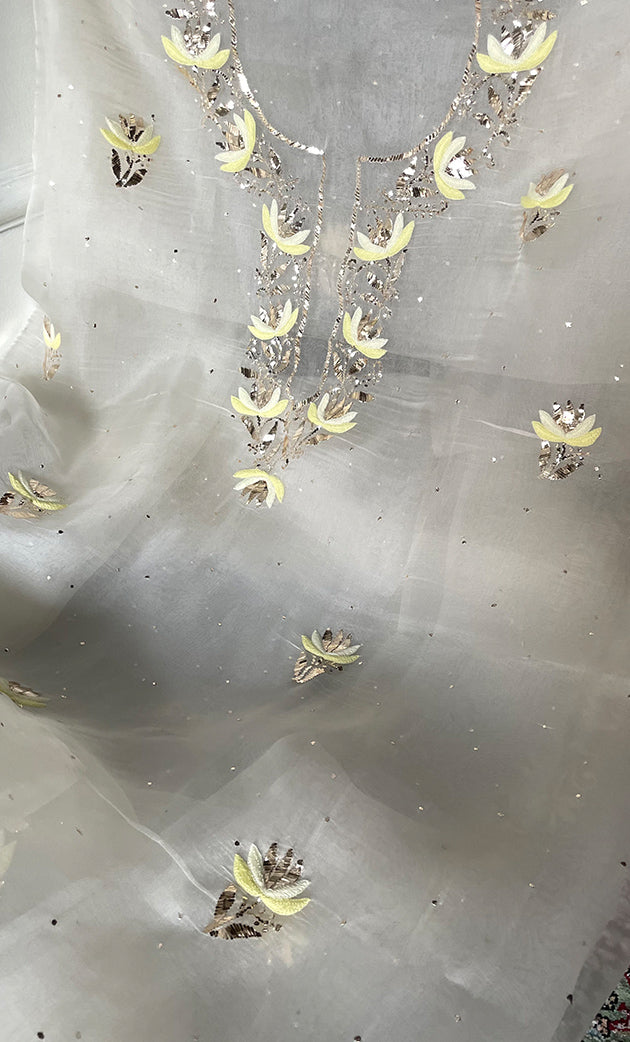 Alfia Women's Lakhnavi Handcrafted Pure Organza Chikankari Unstitched Kurta And Dupatta Set- HONC0329249