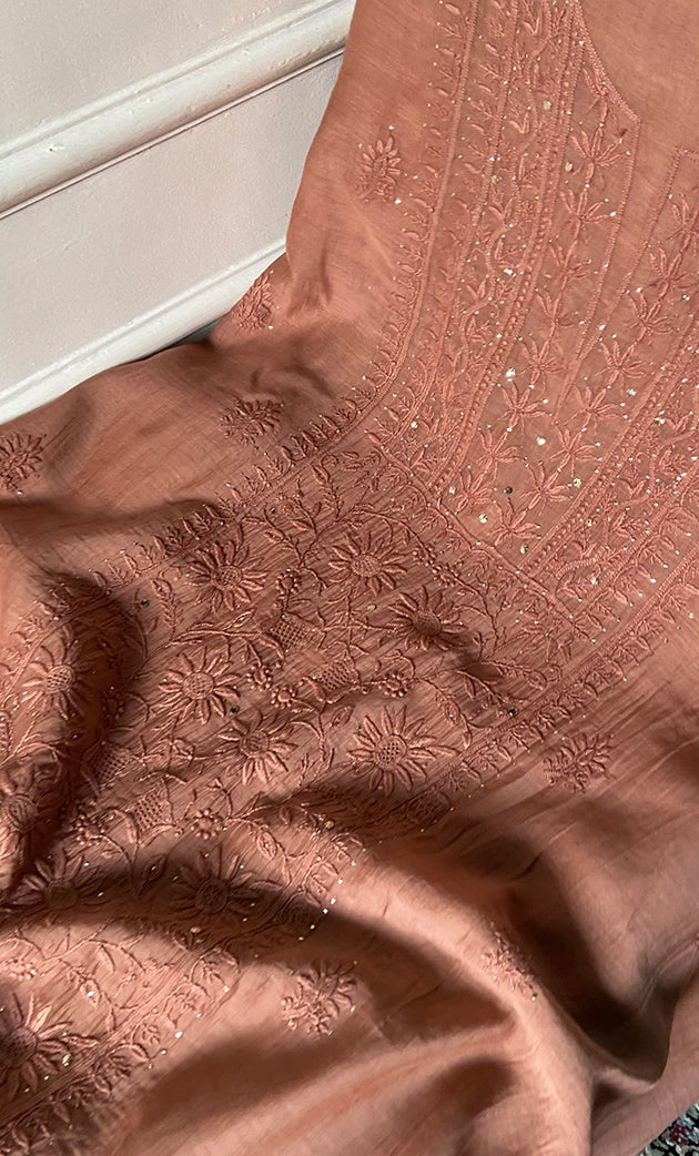 Women's Lakhnavi Handcrafted Mul Chanderi Unstitched Chikankari Full Suit Material - HONC0324502