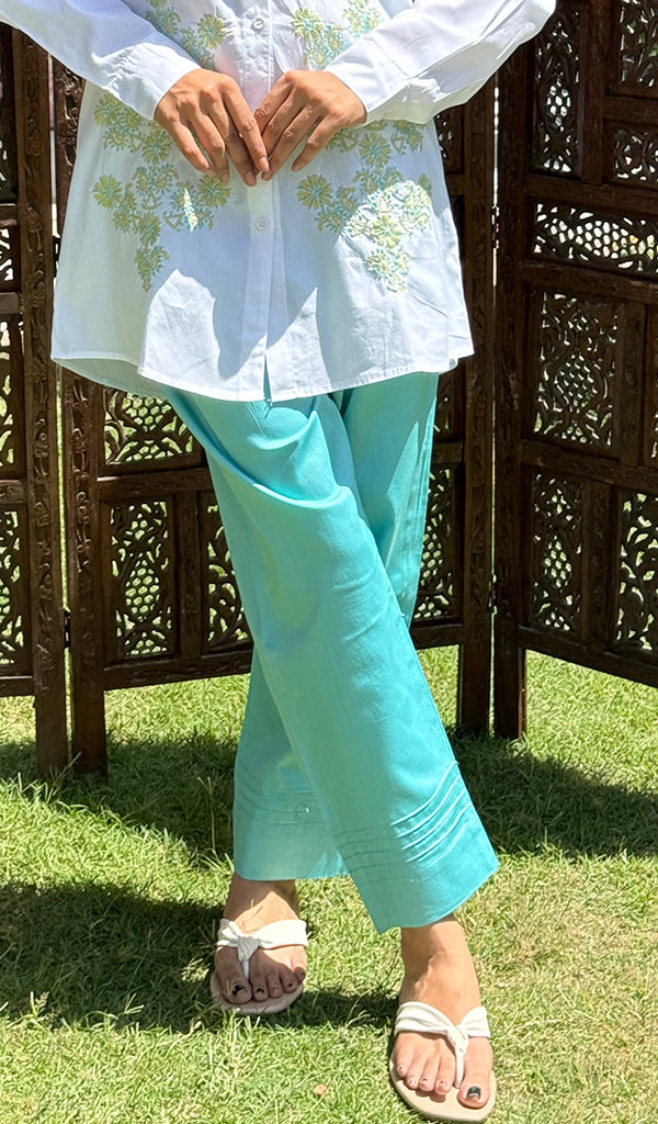 Women's Lakhnavi Handcrafted Cotton Chikankari Kurta And Pant Set - HONC0281771