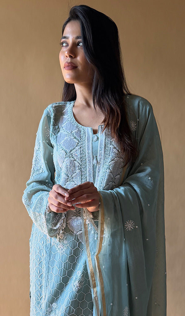 Women's Lucknowi Handcrafted Mul Chanderi Stitched Chikankari Kurta Dupatta With pant Set- HONC0353063