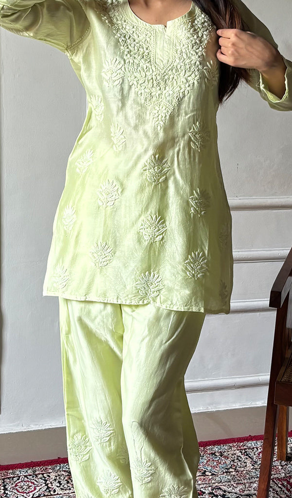 Riddhi Women's Lakhnavi Handcrafted Chanderi Silk Chikankari Top And Pant Set - HONC0360705