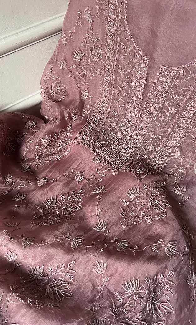 Women's Lakhnavi Handcrafted Pure Organza Chikankari Unstitched Kurta And Dupatta Set- HONC0327851