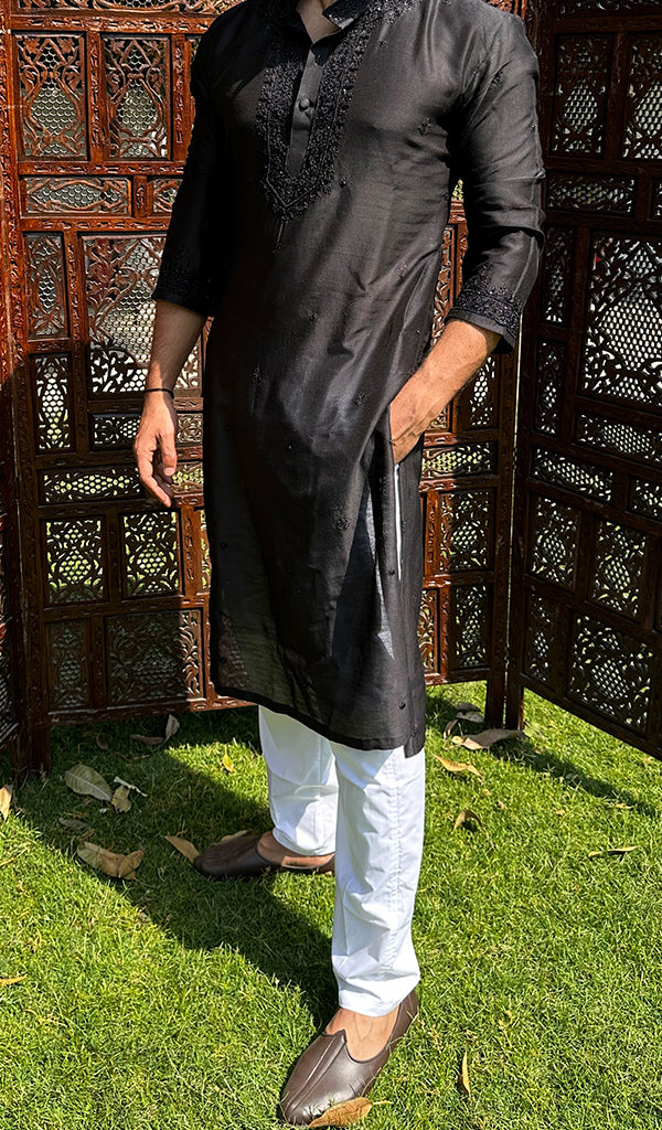 Men's Lucknowi Handcrafted Chanderi Chikankari Silk Kurta - HONC03224290