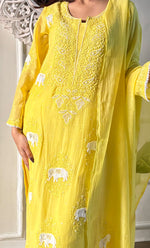 Load image into Gallery viewer, Women&#39;s Lakhnavi Handcrafted Mul Chanderi Chikankari Stitched Kurta, Dupatta And Pant Set - HONC0295595
