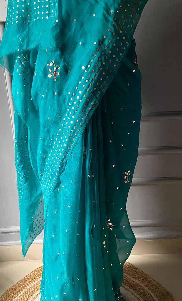 Women's Lucknowi Handcrafted Pure Organza Silk Chikankari Saree - HONC0307594