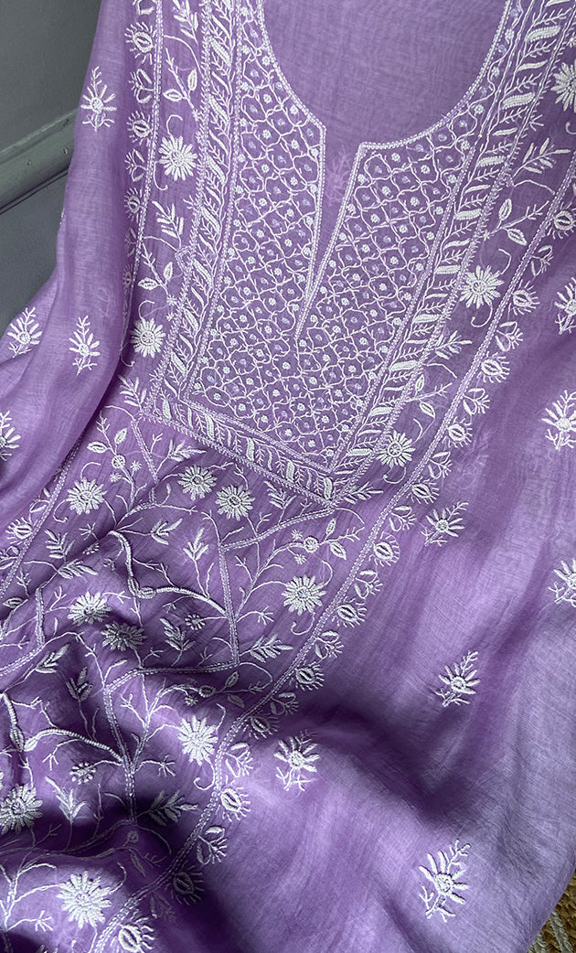 Women's Lakhnavi Handcrafted Mul Chanderi Unstitched Chikankari Full Suit Material - HONC0278008