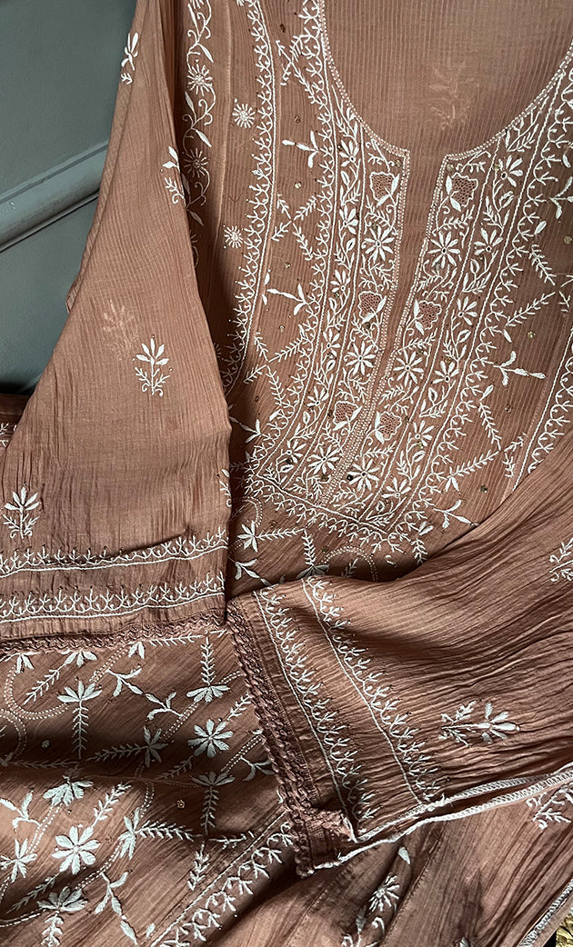 Women's Lakhnavi Handcrafted Maheshwari Mul Chanderi Semi - Stitched Kurta And Dupatta Set - HONC0271066