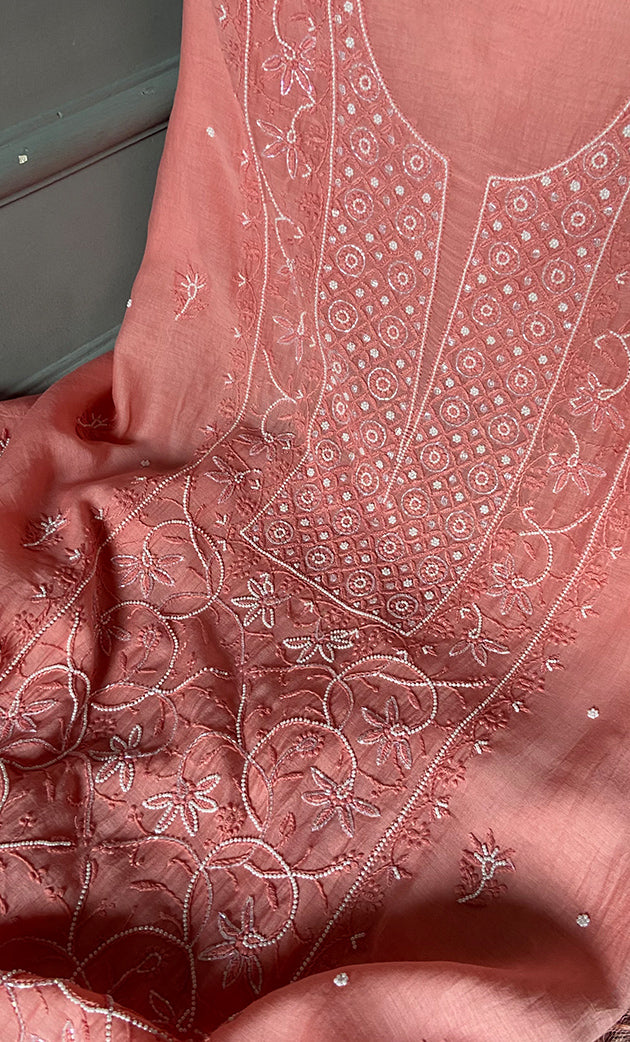 Women's Lakhnavi Handcrafted Mul Chanderi Unstitched Chikankari Full Suit Material - HONC0278000
