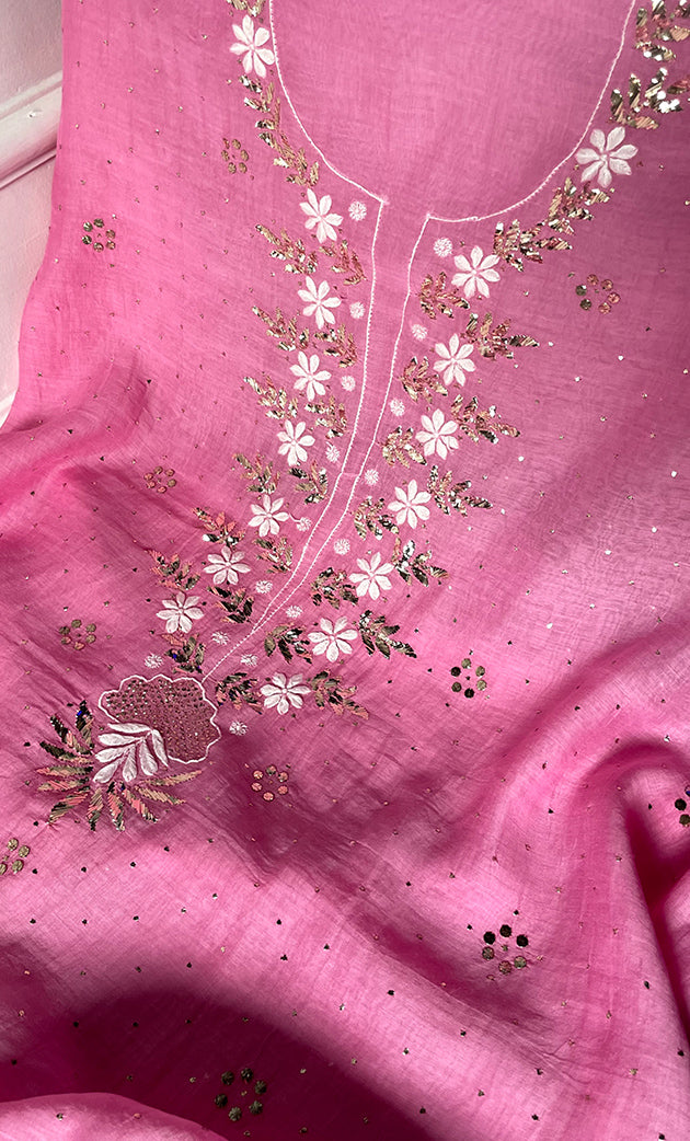 Women's Lakhnavi Handcrafted Unstitched Mul Chanderi Kurta And Dupatta Set - HONC0323630