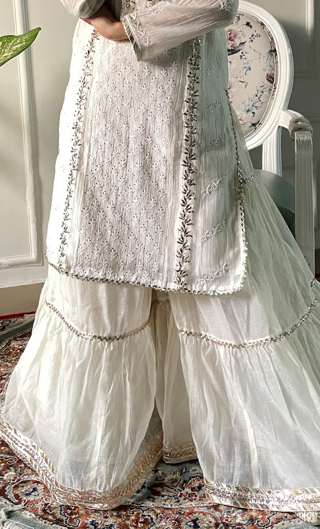 Women's Lakhnavi Handcrafted Mul Chanderi Chikankari Stitched Kurta, Dupatta And Gharara Set - HONC0324079