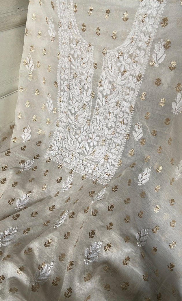 Women's Lakhnavi Handcrafted Mul Chanderi Unstitched Kurta And Dupatta Set - HONC0341043