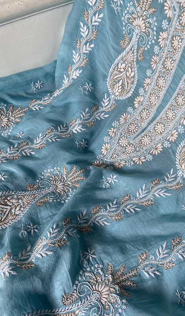 Women's Lakhnavi Handcrafted Mul Chanderi Unstitched Kurta And Dupatta Set - HONC0365693
