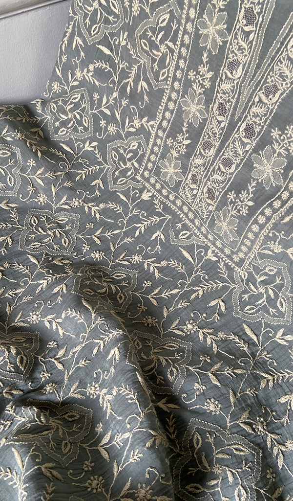 Women's Lakhnavi Handcrafted Mul Chanderi Unstitched Chikankari Full Suit - HONC0353415