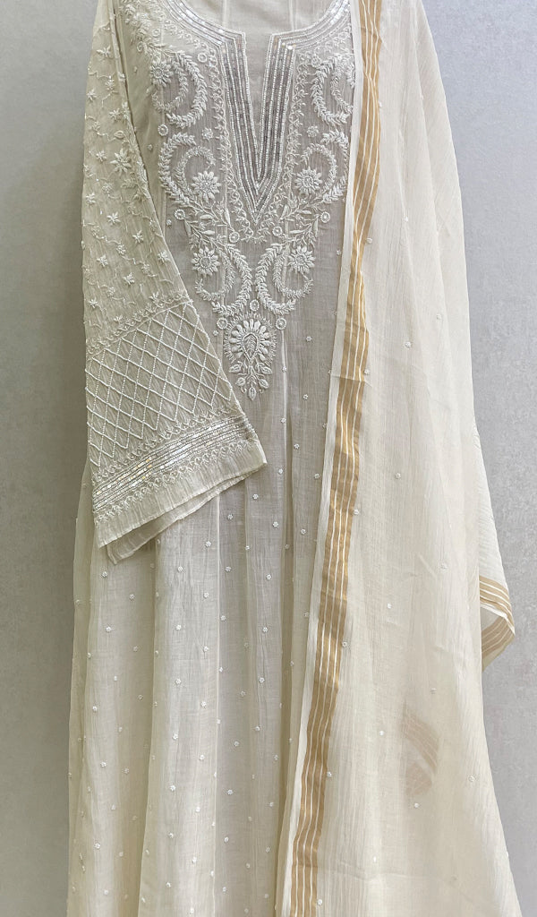 Women's Lakhnavi Handcrafted Mul Chanderi Chikankari Semi Stitched Kurta And Dupatta Set- HONC0148903