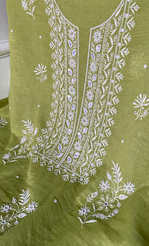 Women's Lakhnavi Handcrafted Mul Chanderi Unstitched Chikankari Full Suit Material - HONC0328322