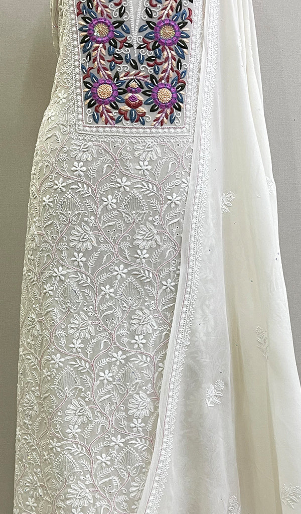 Women's Lakhnavi Handcrafted Pure Silk Georgette Chikankari Kurta And Dupatta Set- HONC0209420