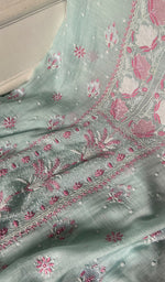 Turquoise Mul Chanderi Chikankari 2 Pc Unstitched Suit Set