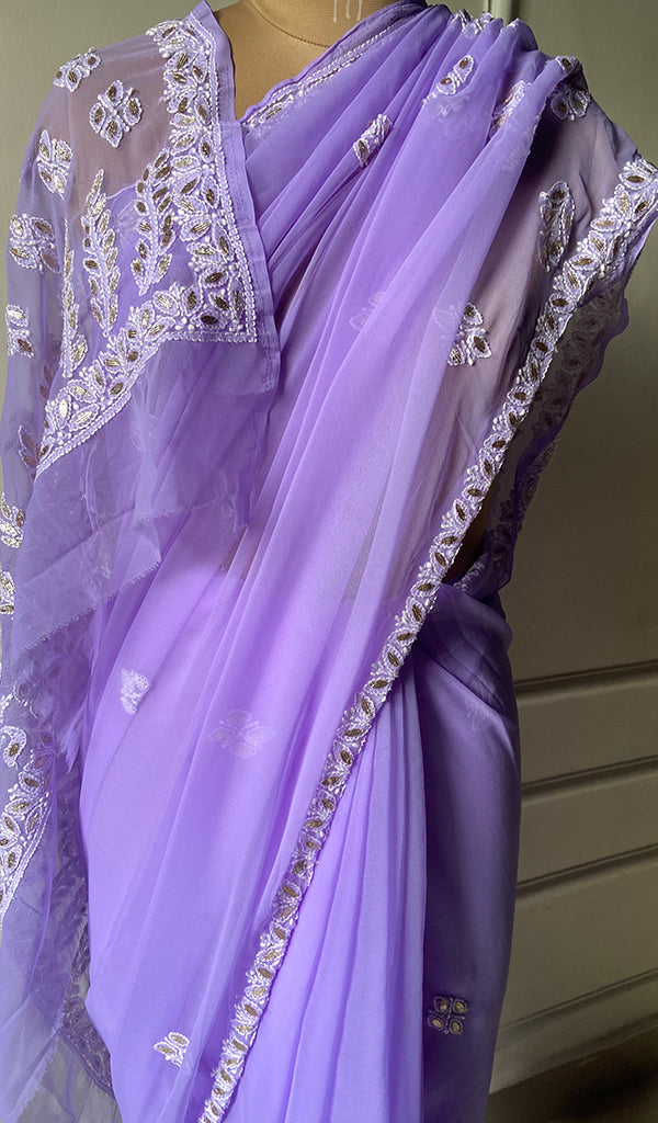 Women's Lakhnavi Handcrafted Faux-Georgette Chikankari Saree - HONC0195481